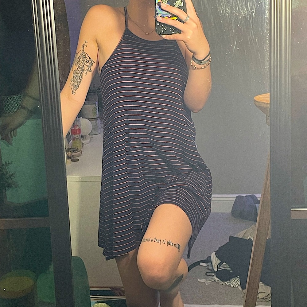 A line knit navy and pink striped dress